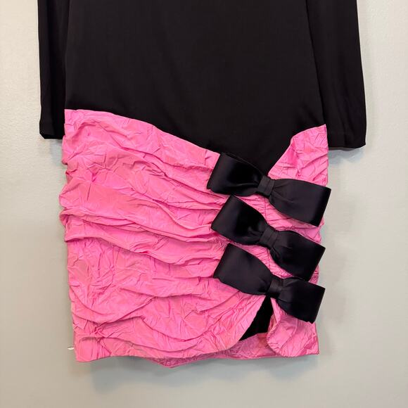 Vintage 80s Lawrence I. Magnin Midi Dress 12 Black Ruched Bows Cocktail Evening - Picture 9 of 12
